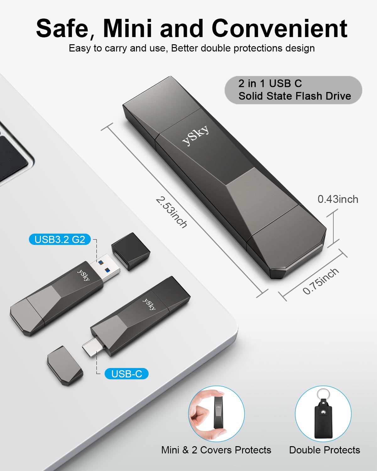Ysky 256Gb Usb 3.2 Solid State Flash Drive 1000Mb/S High Speed Usb C+ Usb 3.2 Gen2 Dual Interfaces Thumb Drive, Usb C Memory Pho